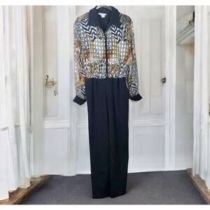 Vintage 1980s Jumpsuit Romper Black Brown Leopard Zebra Animal Print